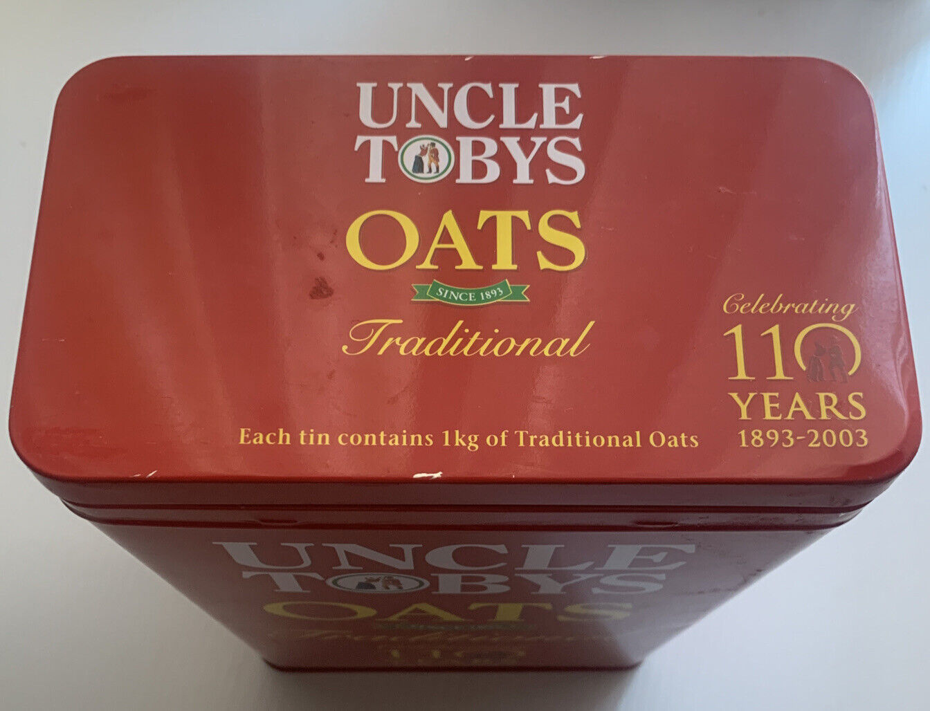 Metal Tin Uncle Toby's Oats Celebrating 110 Years Vintage Collectable RED 2003