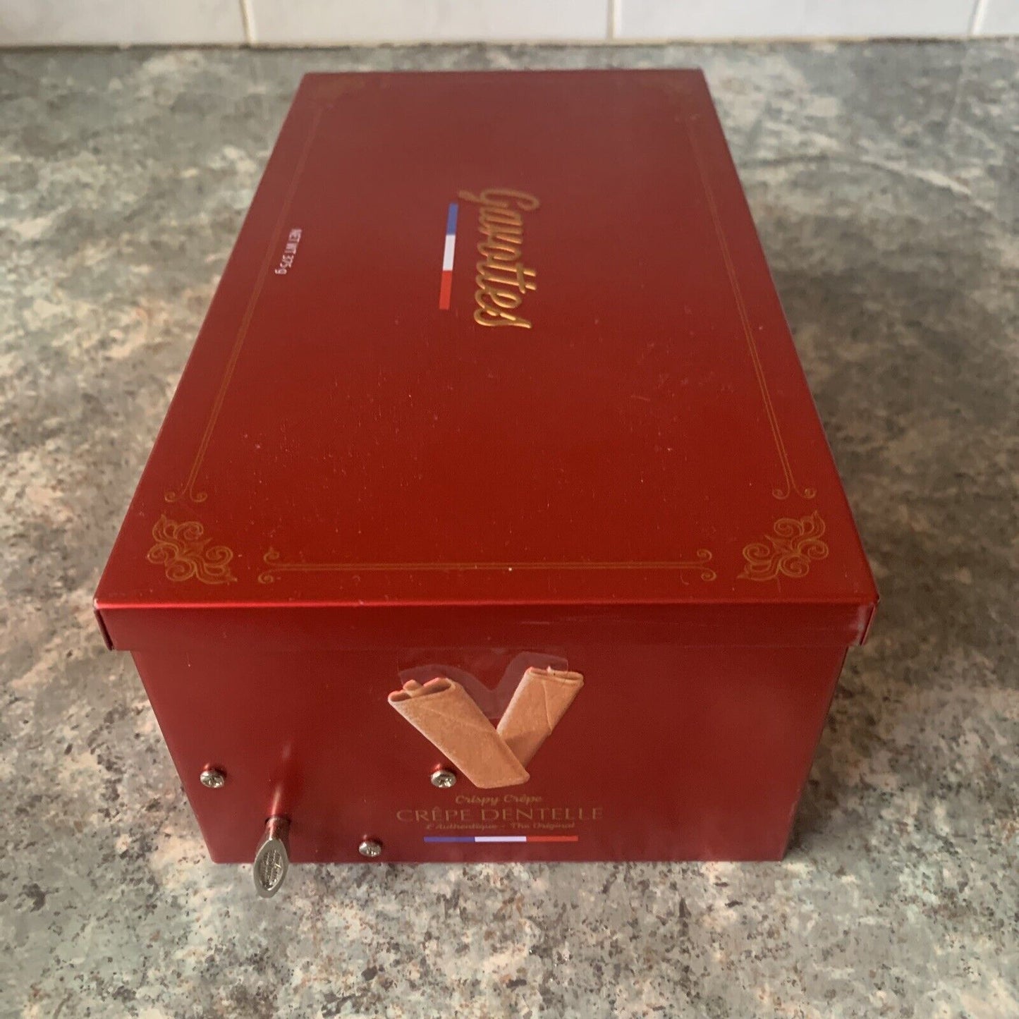 Metal Tin GAVOTTES Wind Up Music Box Red Metal French Crispy Crepes EMPTY