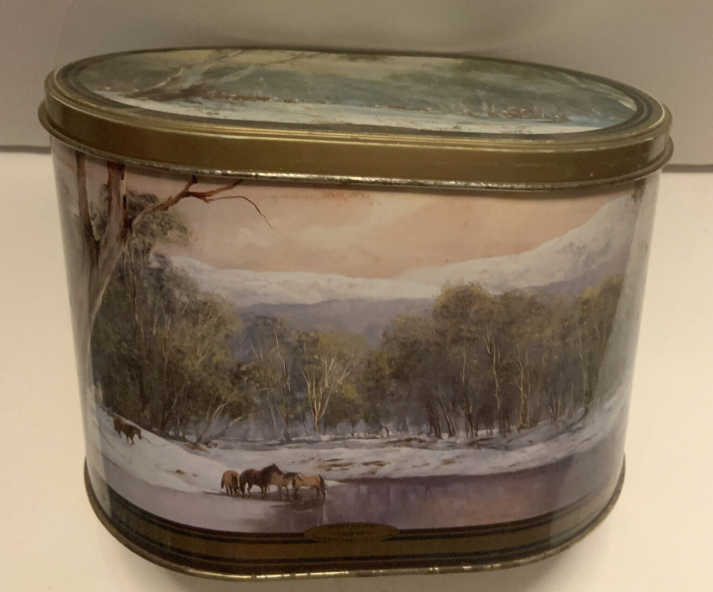 Metal Tin The KEVIN BEST COLLECTION Lg OVAL BISCUIT 1996 Brumbies Horses Empty