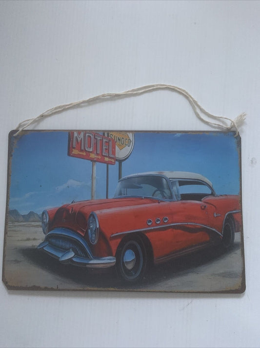 Metal Car Sign Retro Wall Decor Bar Pub USA Vintage Red Convertible Car Motel