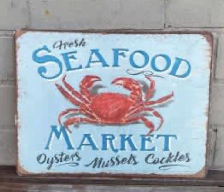 SIGN Fresh SEAFOOD MARKET Heavy Tin Metal Man Cave Wall Art Rustic Look 35x26cm