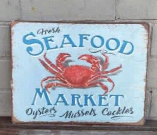 SIGN Fresh SEAFOOD MARKET Heavy Tin Metal Man Cave Wall Art Rustic Look 35x26cm