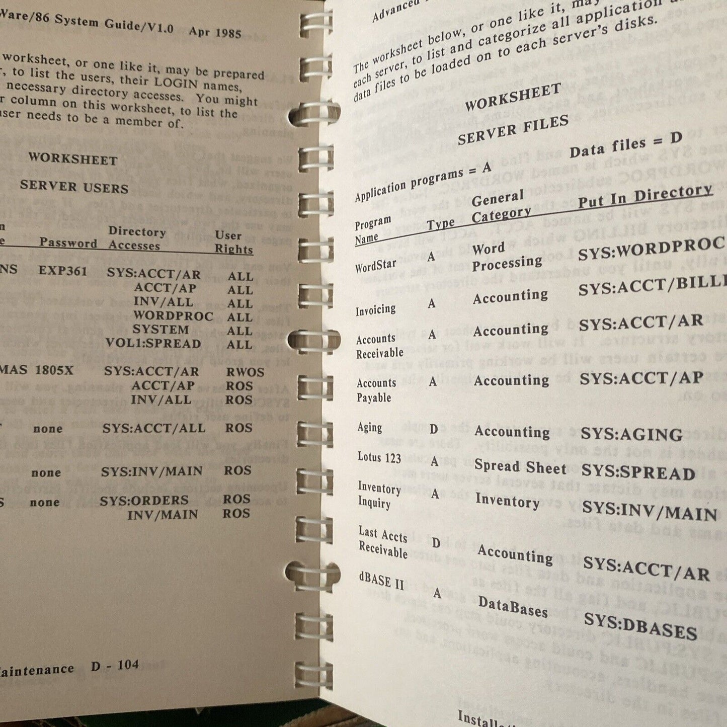 Novell Inc Advanced Netware/86 Systen Guide PartNo 101-000041-002 Ringbound 1985