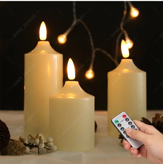 3x PILLAR CANDLES Flameless Flickering LED Battery Operated Timer Remote Control
