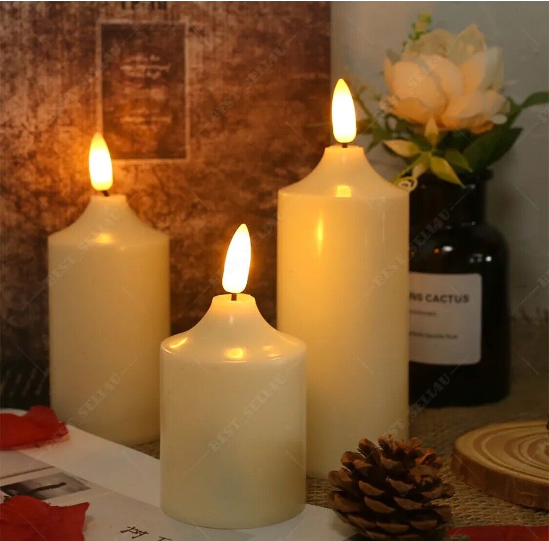 3x PILLAR CANDLES Flameless Flickering LED Battery Operated Timer Remote Control