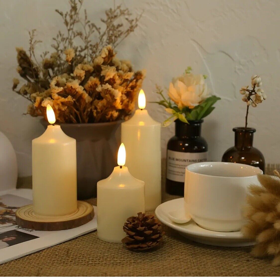 3x PILLAR CANDLES Flameless Flickering LED Battery Operated Timer Remote Control
