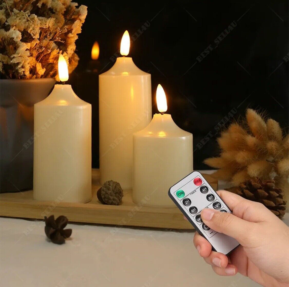 3x PILLAR CANDLES Flameless Flickering LED Battery Operated Timer Remote Control