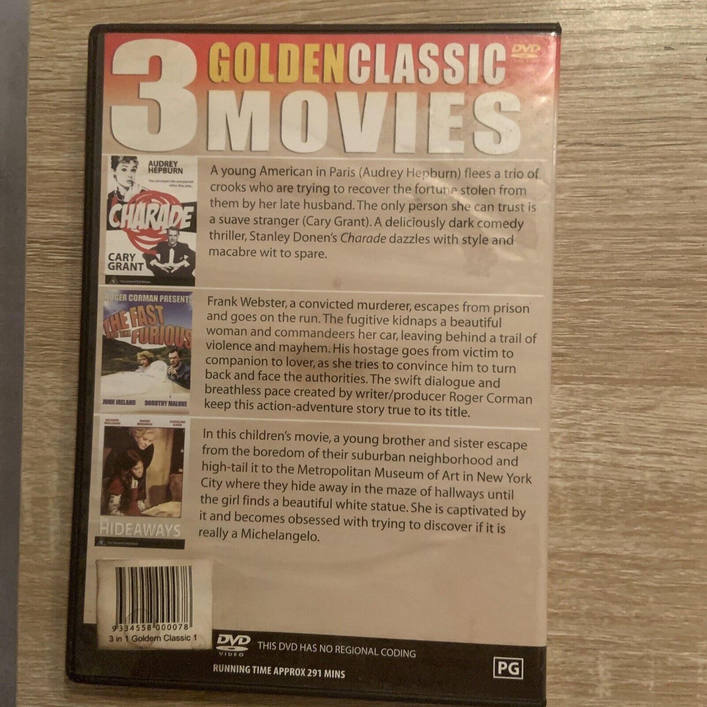 DVD 3 GOLDEN CLASSIC MOVIES Charade |The Fast and the Furious | The Hideaways