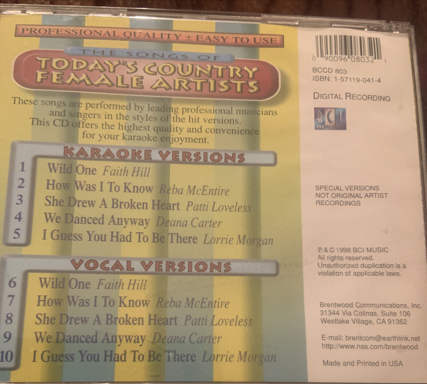 CD KARAOKE The Songs of Today's Country Female Artists Music Album