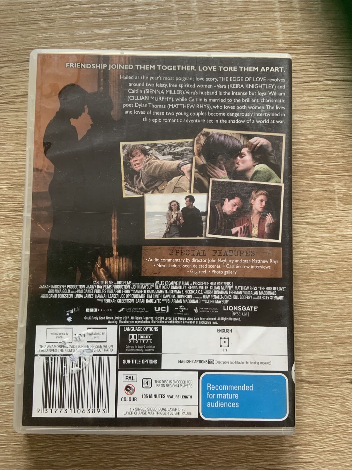 DVD THE EDGE OF LOVE Romance Keira Knightley Sienna Miller Cillian Murphy