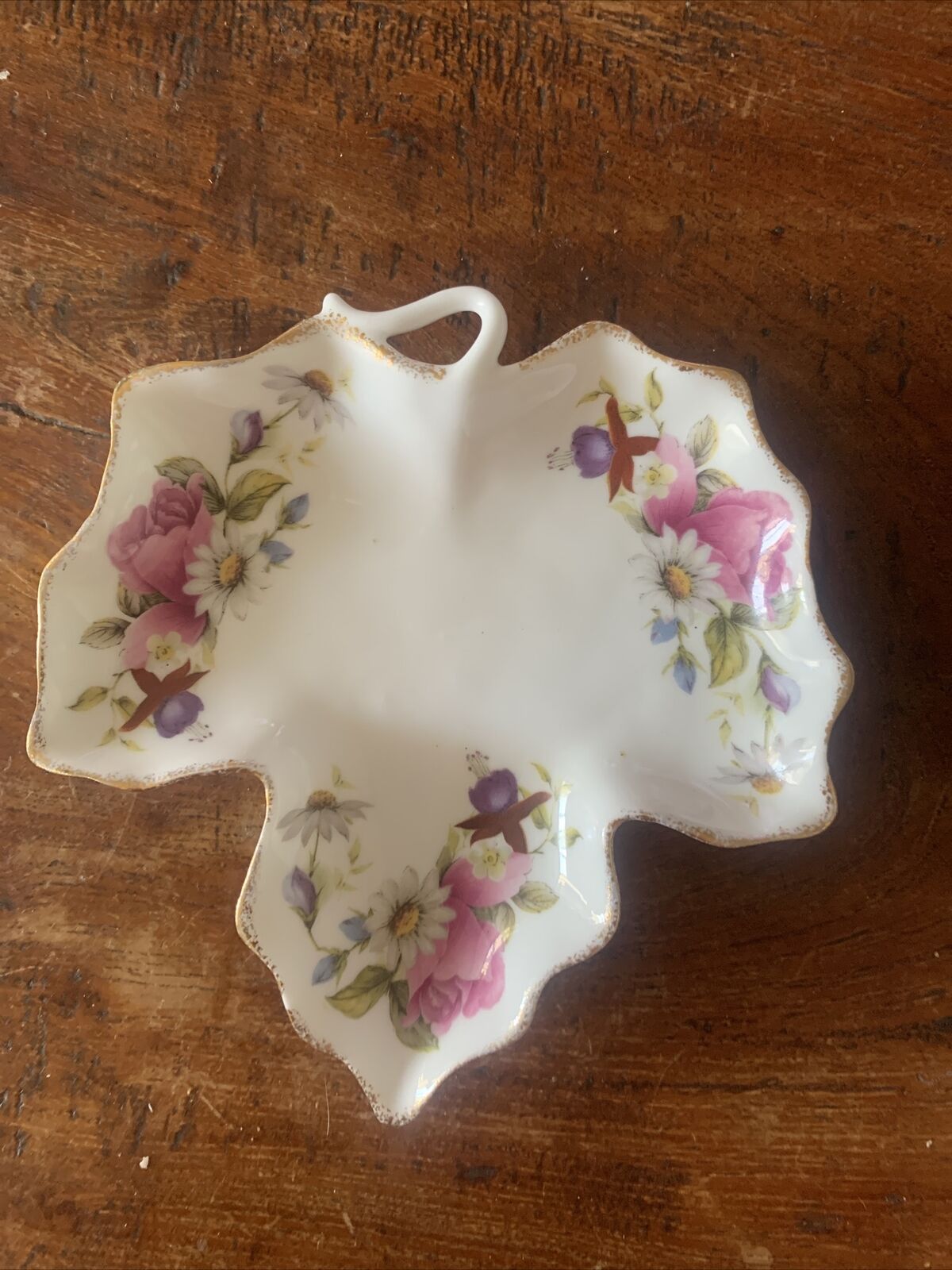 Trinket Dish SUMMER ROSE MCM 13cm Leaf Shaped Fine Bone China TAIWAN Collectable