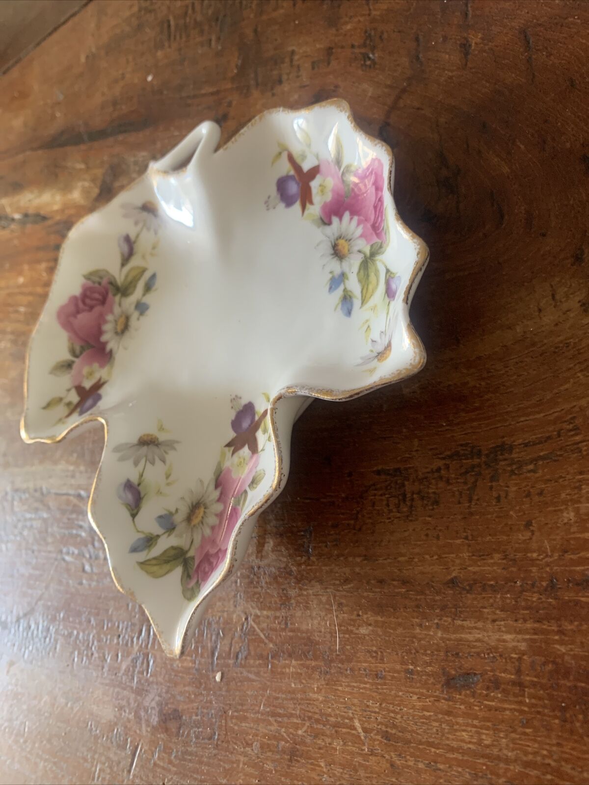 Trinket Dish SUMMER ROSE MCM 13cm Leaf Shaped Fine Bone China TAIWAN Collectable