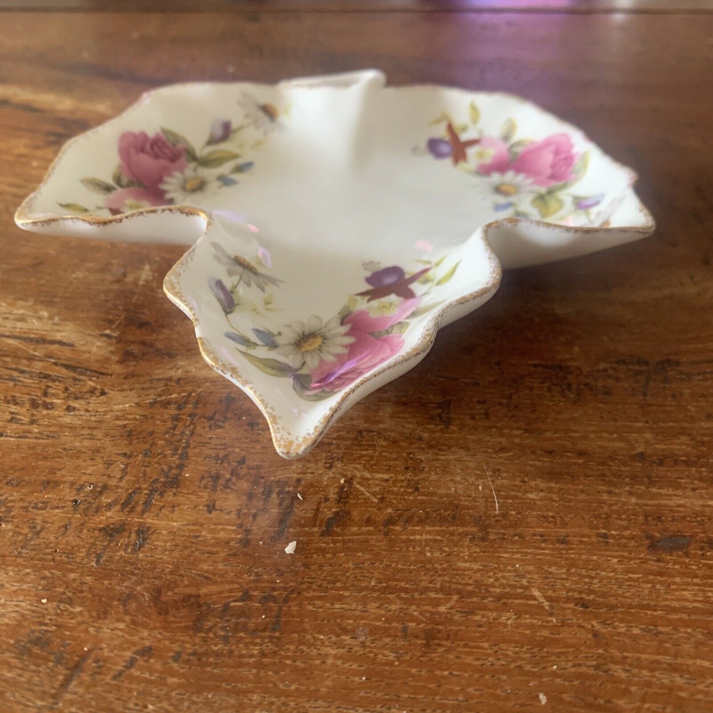 Trinket Dish SUMMER ROSE MCM 13cm Leaf Shaped Fine Bone China TAIWAN Collectable