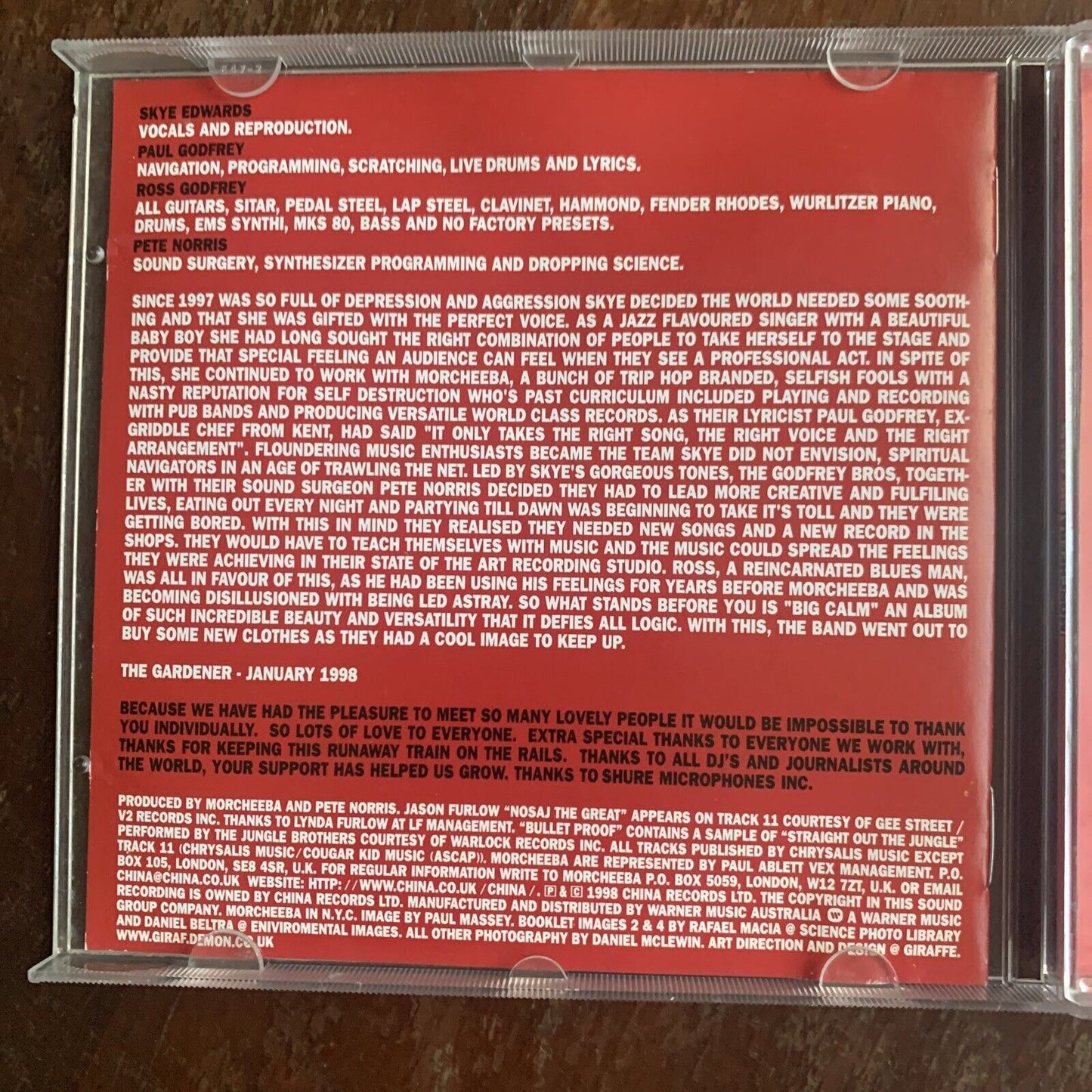 CD BIG CALM Morcheeba Album 1998 Skye Edwards P &R Godfrey Pete Norris Indochina