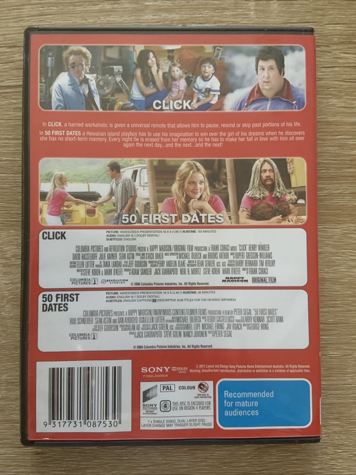 DVD Click / 50 First Dates R4 AU Adam Sandler Drew Barrymore Romantic Comedy