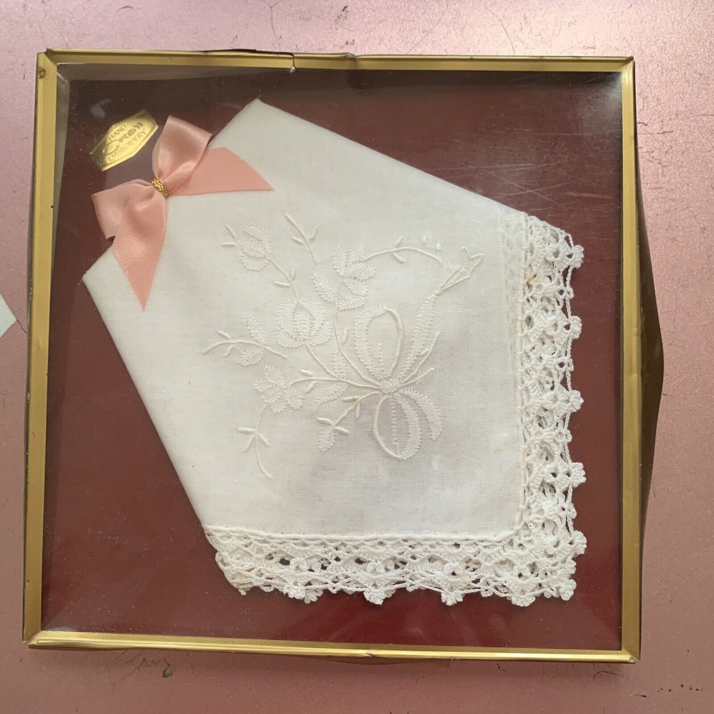 Vintage HANDKERCHIEF White Hand OREM Embroidery Beautiful NEW In Box All Cotton