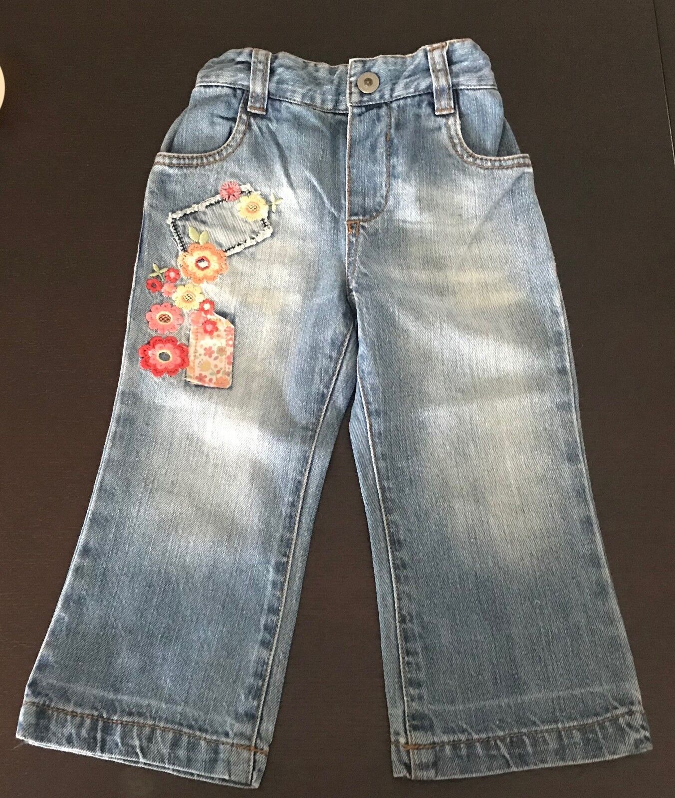 Baby Girl Jeans Faded Blue Denim Floral Embroidery Baby Girl Size 12 - 18 months