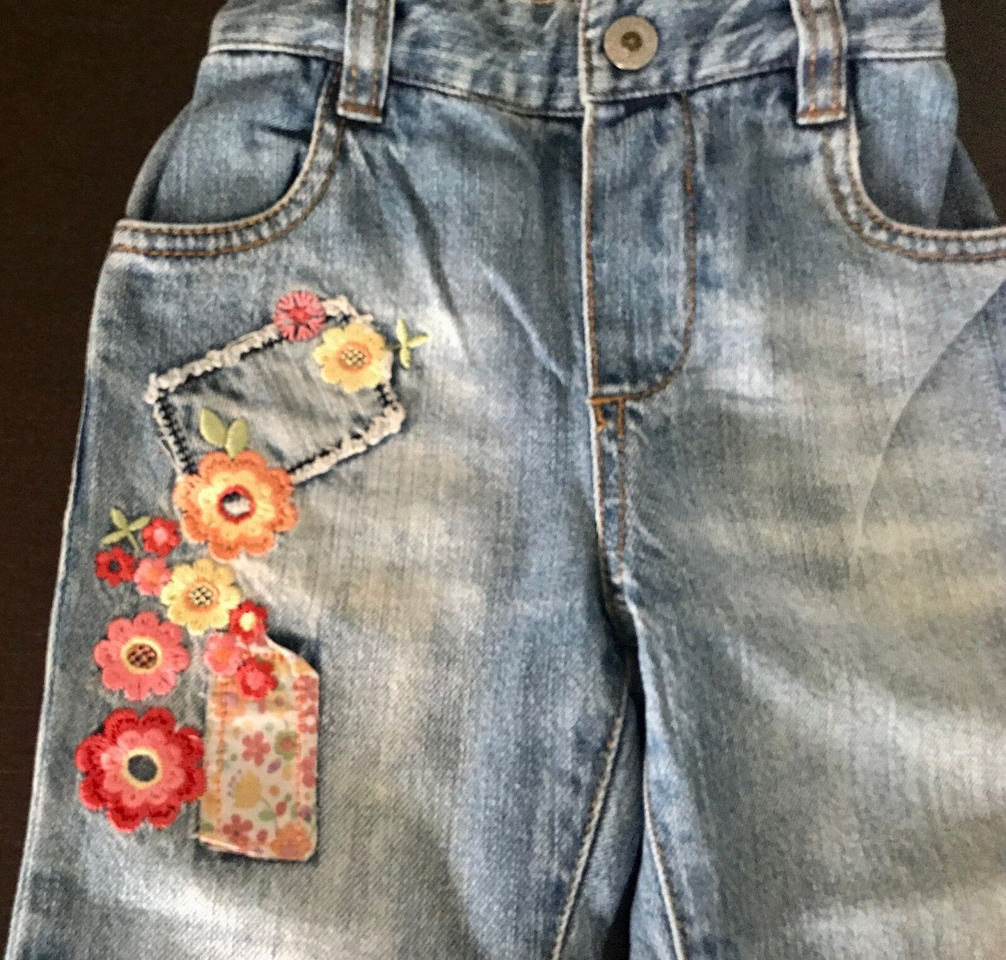 Baby Girl Jeans Faded Blue Denim Floral Embroidery Baby Girl Size 12 - 18 months