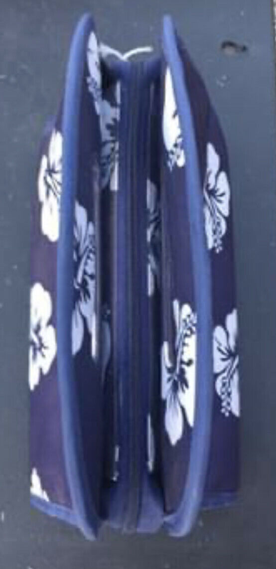 NAVY CANVAS & WHITE HIBISCUS TOILETRY MAKEUP BAG good condition zips