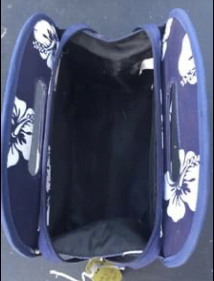 NAVY CANVAS & WHITE HIBISCUS TOILETRY MAKEUP BAG good condition zips