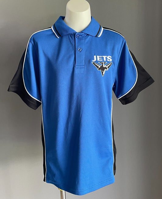 JETS Sports Team Blue Polo Shirt Size 12 Short Sleeves Black & White Trim