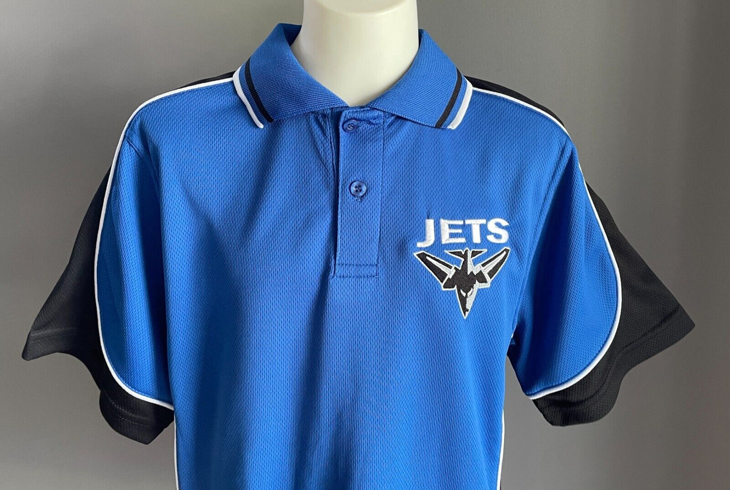 JETS Sports Team Blue Polo Shirt Size 12 Short Sleeves Black & White Trim
