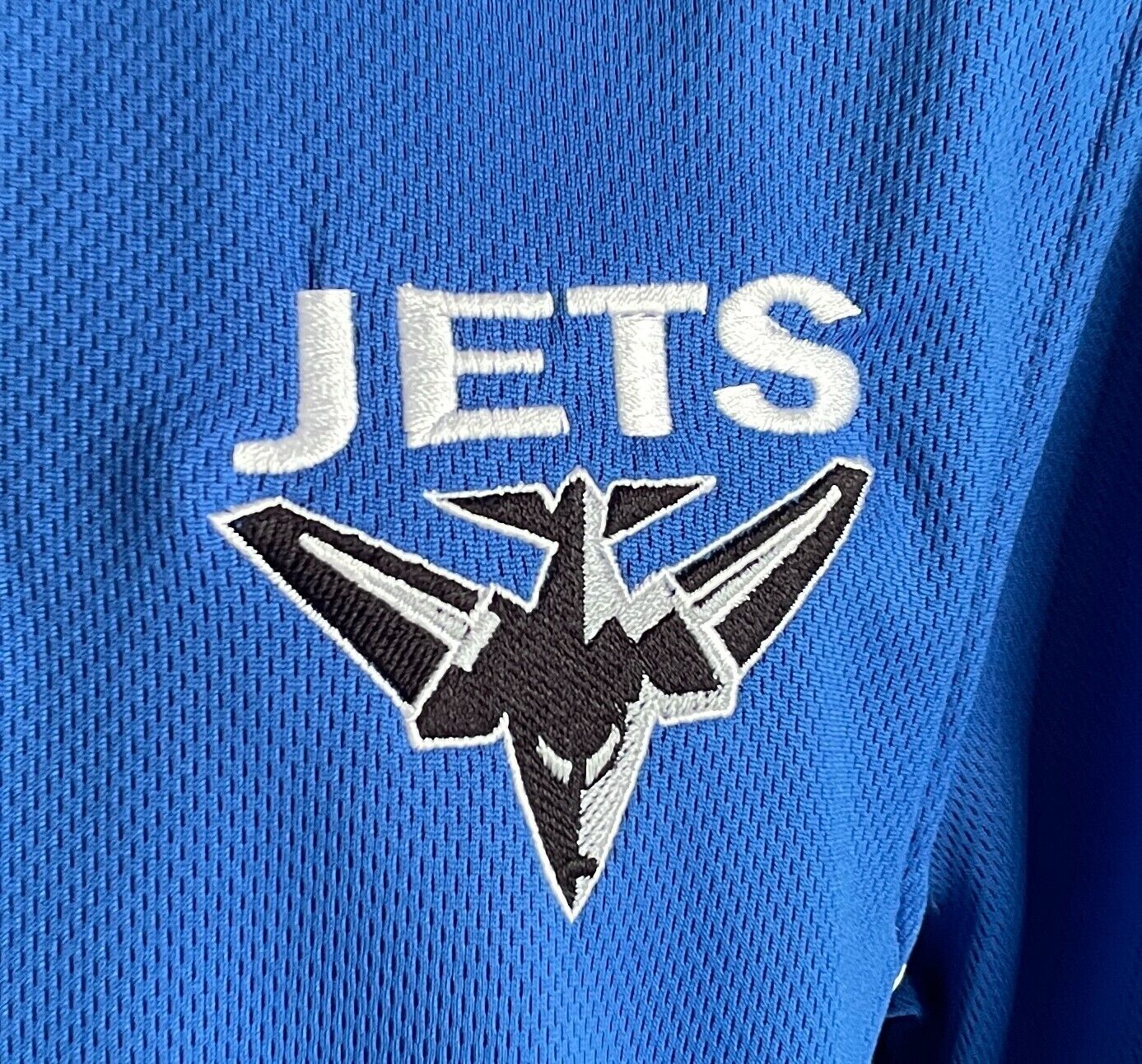 JETS Sports Team Blue Polo Shirt Size 12 Short Sleeves Black & White Trim