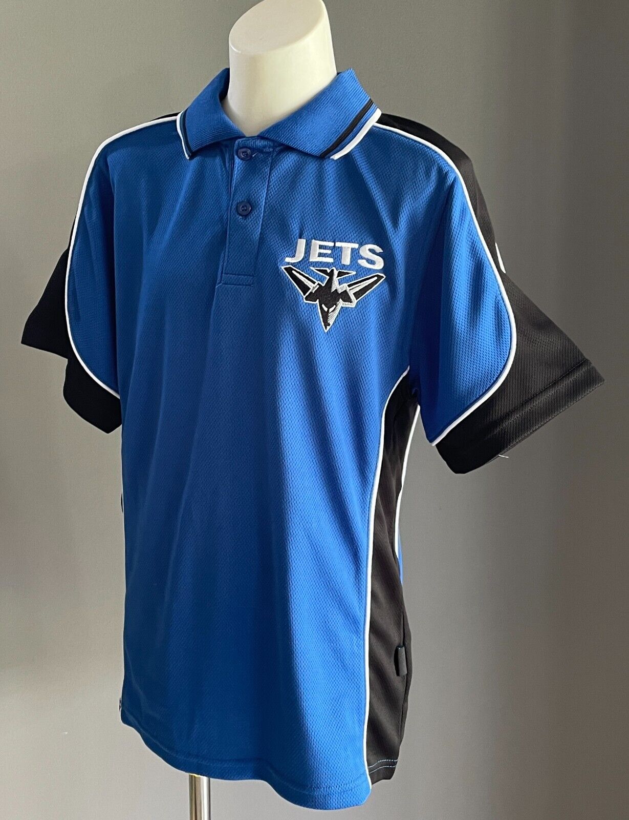 JETS Sports Team Blue Polo Shirt Size 12 Short Sleeves Black & White Trim
