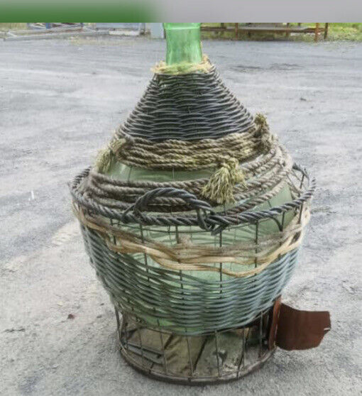 Vintage GREEN GLASS CARBOY w TAP Demijohn RUSTIC wicker basket 1950’s 74cm Tall
