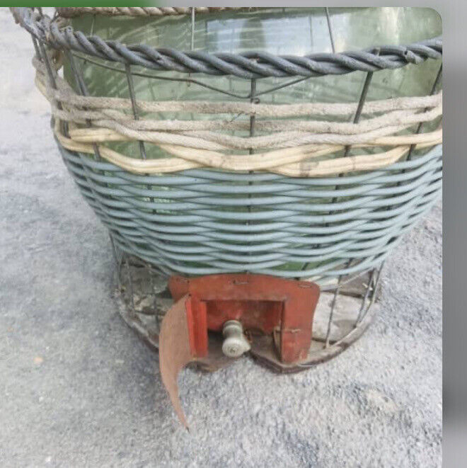 Vintage GREEN GLASS CARBOY w TAP Demijohn RUSTIC wicker basket 1950’s 74cm Tall