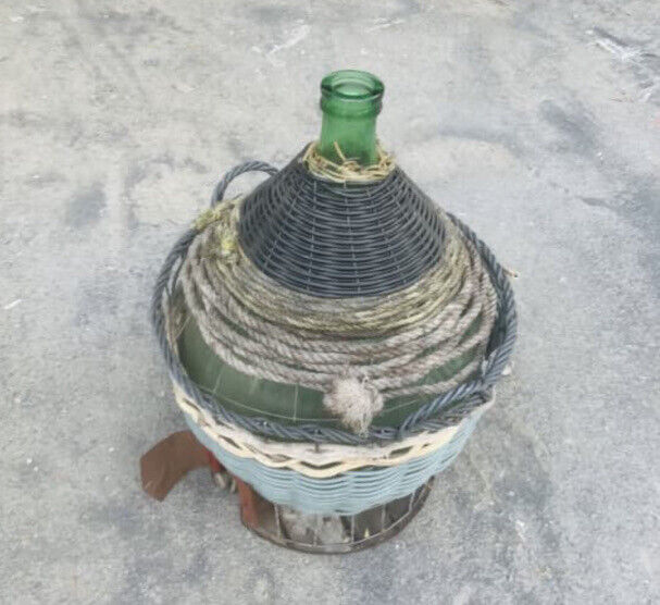 Vintage GREEN GLASS CARBOY w TAP Demijohn RUSTIC wicker basket 1950’s 74cm Tall