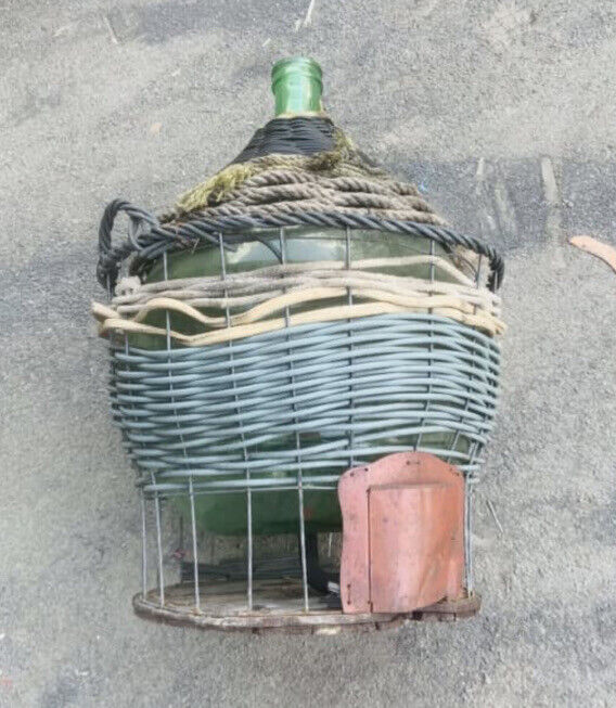 Vintage GREEN GLASS CARBOY w TAP Demijohn RUSTIC wicker basket 1950’s 74cm Tall