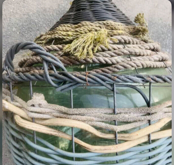 Vintage GREEN GLASS CARBOY w TAP Demijohn RUSTIC wicker basket 1950’s 74cm Tall