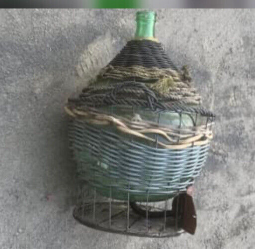 Vintage GREEN GLASS CARBOY w TAP Demijohn RUSTIC wicker basket 1950’s 74cm Tall
