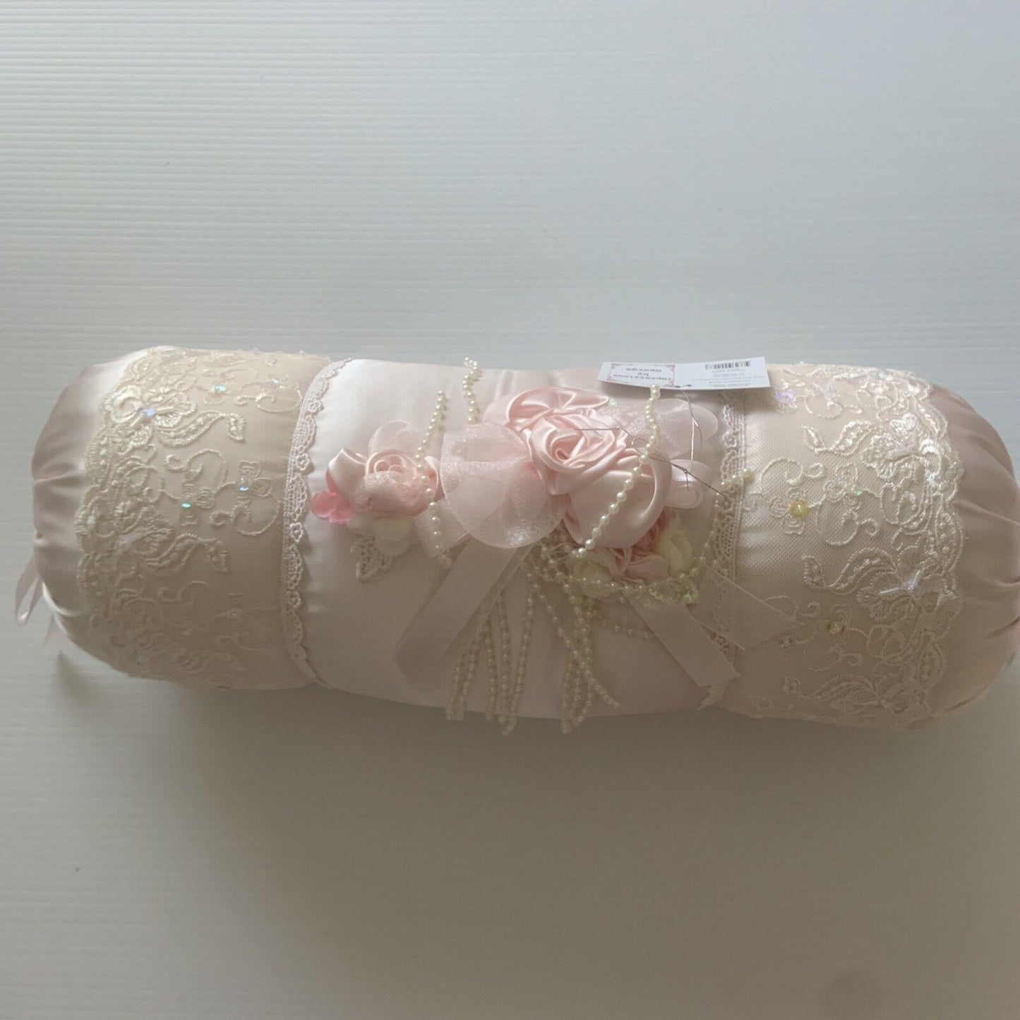 43cm Cylinder BOLSTER Pillow Pink Satin  Cushion Insert Rosette Pearl Neck Roll