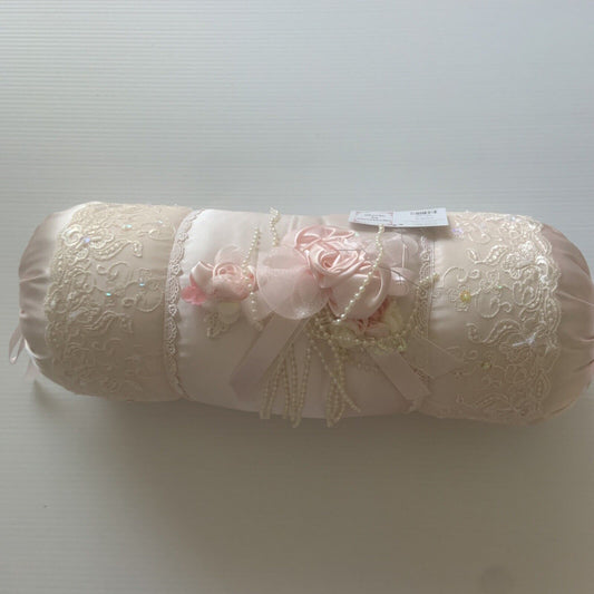 43cm Cylinder BOLSTER Pillow Pink Satin  Cushion Insert Rosette Pearl Neck Roll