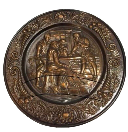 Vintage Medieval Plaque Embossed Copper Repousse Wall Plate Bar Scene Handbeaten