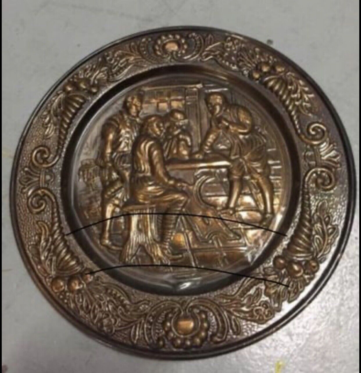 Vintage Medieval Plaque Embossed Copper Repousse Wall Plate Bar Scene Handbeaten