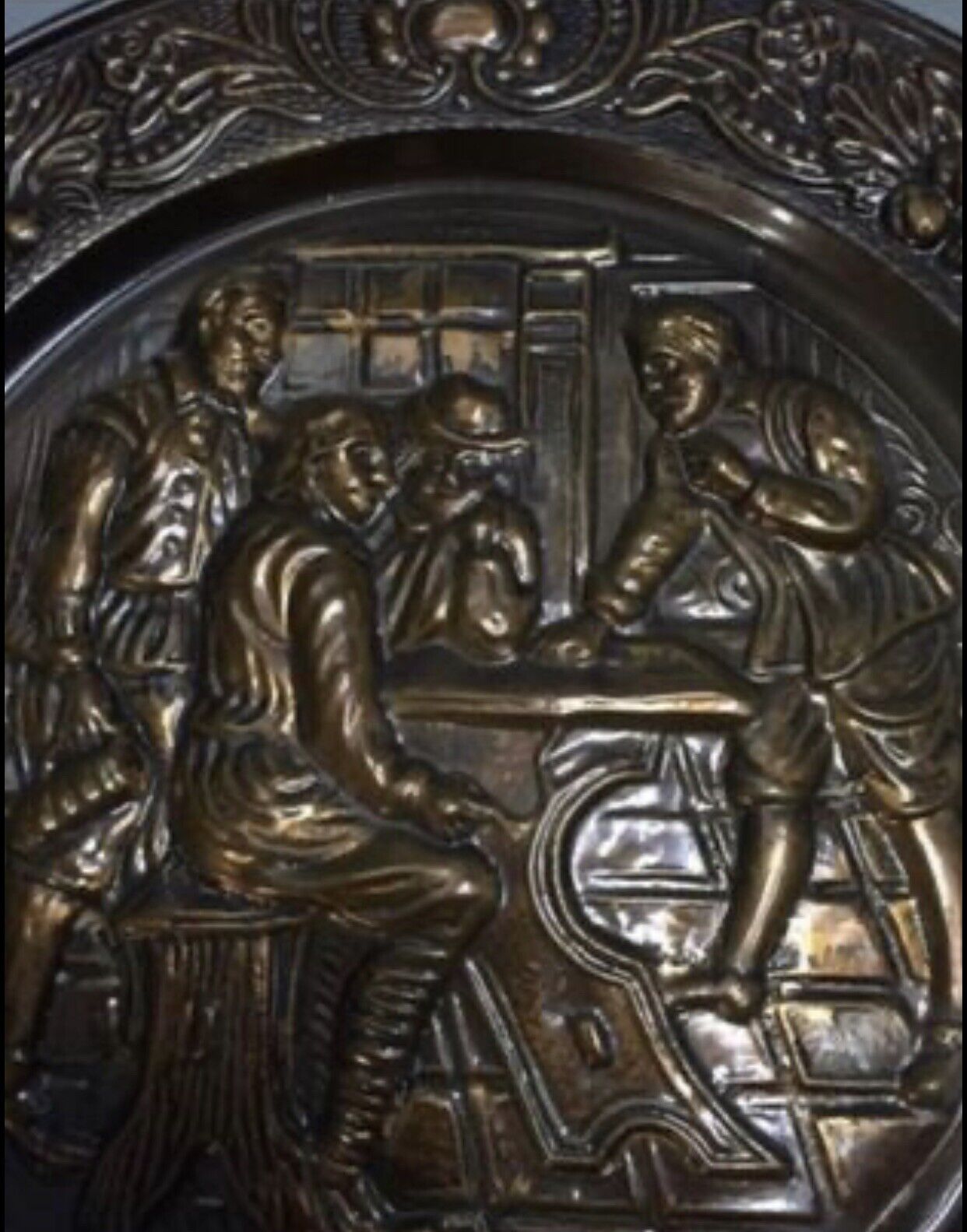 Vintage Medieval Plaque Embossed Copper Repousse Wall Plate Bar Scene Handbeaten