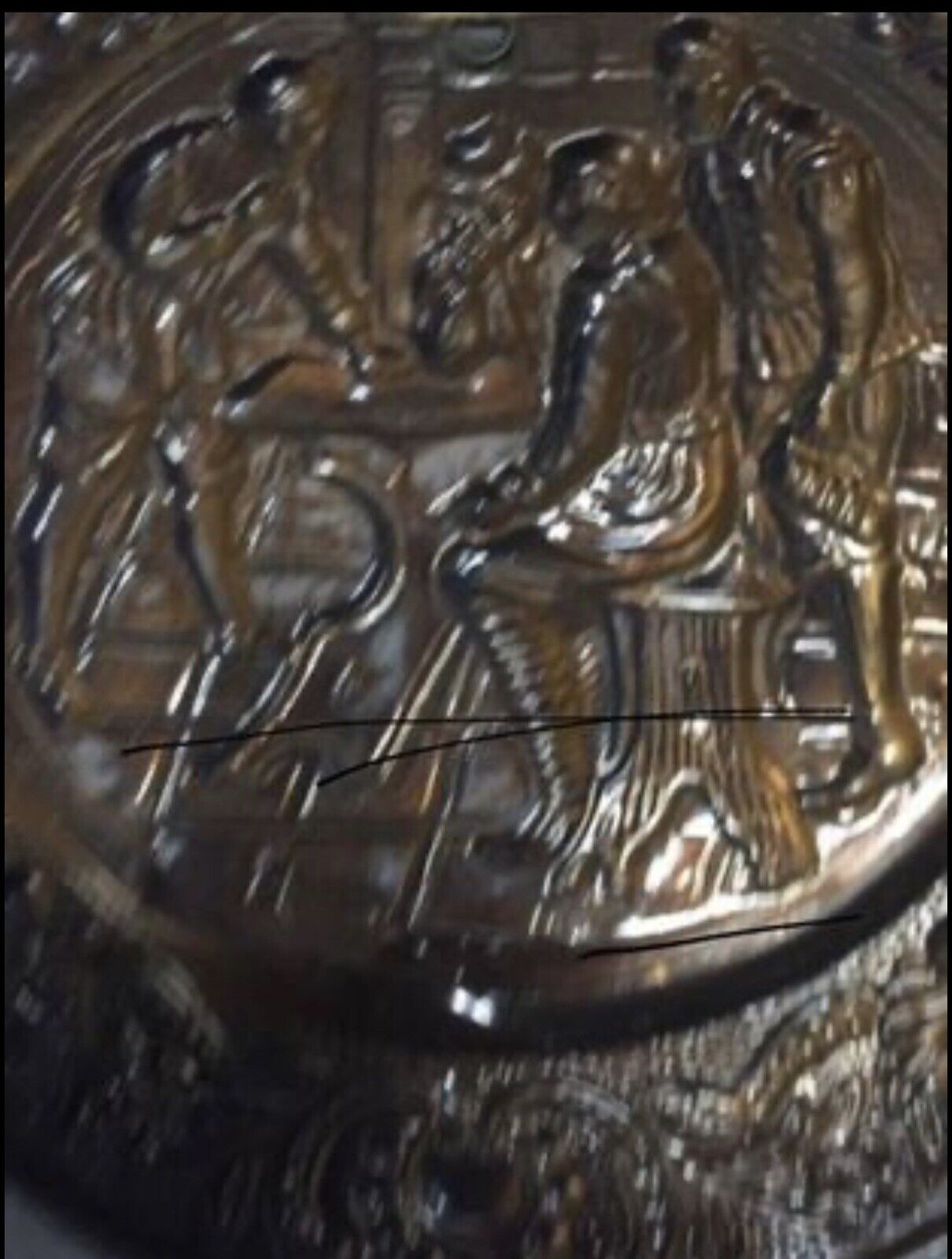 Vintage Medieval Plaque Embossed Copper Repousse Wall Plate Bar Scene Handbeaten
