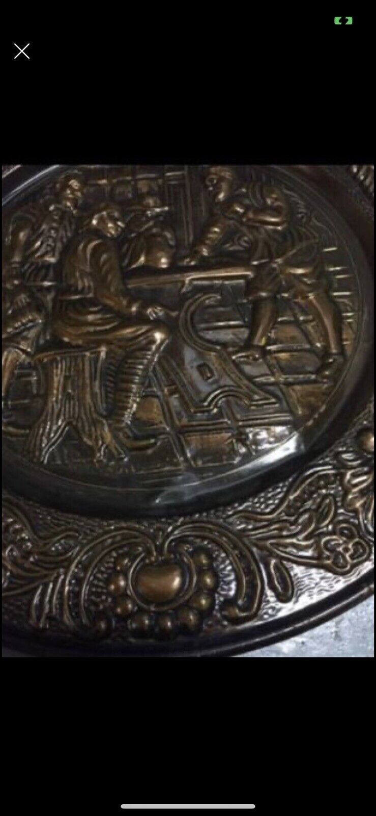 Vintage Medieval Plaque Embossed Copper Repousse Wall Plate Bar Scene Handbeaten