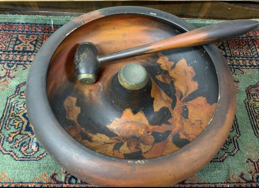 Vintage Nut Cracker Bowl 23cm Australian Wood Pokerwork Decorated Hammer Mallet