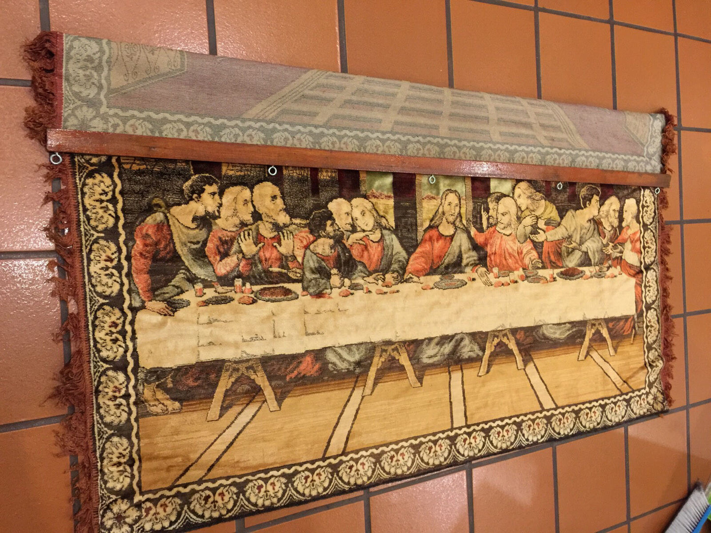 Vintage "THE LAST SUPPER” 105x100cm TAPESTRY WALL RUG MURAL Needlepoint Religion