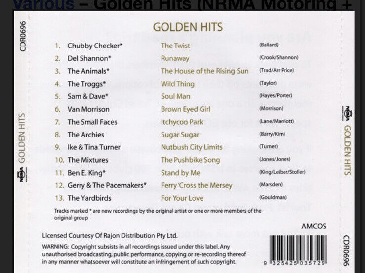 CD GOLDEN HITS NRMA Motoring + Services Compilation Legends Of The 1960’s