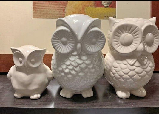 MONEY BOX  1x 22cm White OWL Ceramic + 2x 13cm & 20cm Owl Figurines Decor TRIO