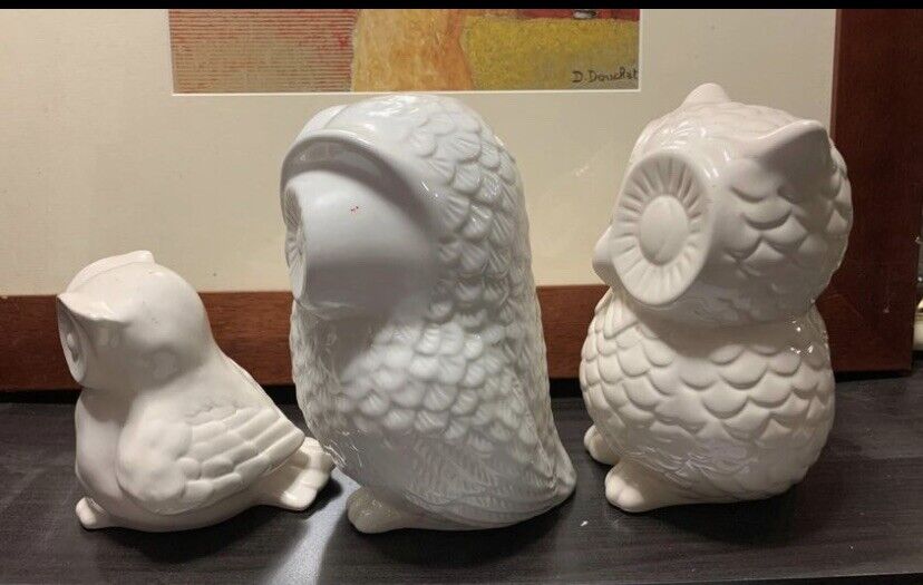 MONEY BOX  1x 22cm White OWL Ceramic + 2x 13cm & 20cm Owl Figurines Decor TRIO
