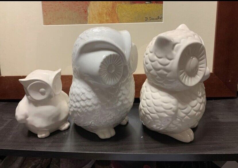 MONEY BOX  1x 22cm White OWL Ceramic + 2x 13cm & 20cm Owl Figurines Decor TRIO