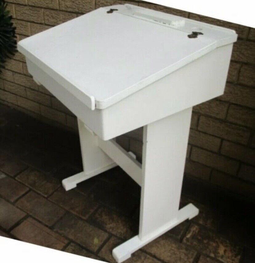 Vintage SCHOOL DESK Child's White Wooden w Hinged Lift Up Sloping Lid & Storage