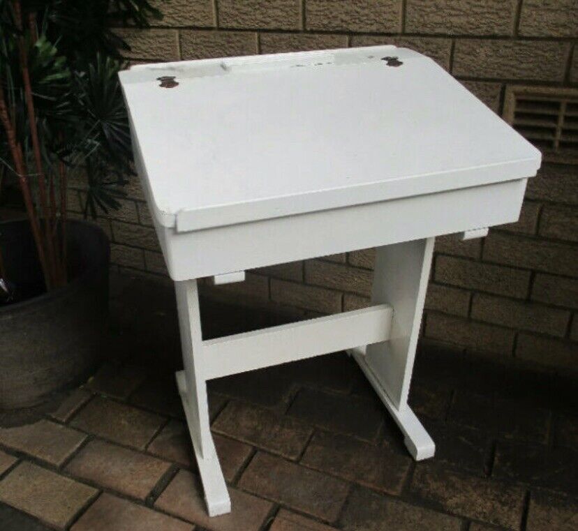 Vintage SCHOOL DESK Child's White Wooden w Hinged Lift Up Sloping Lid & Storage