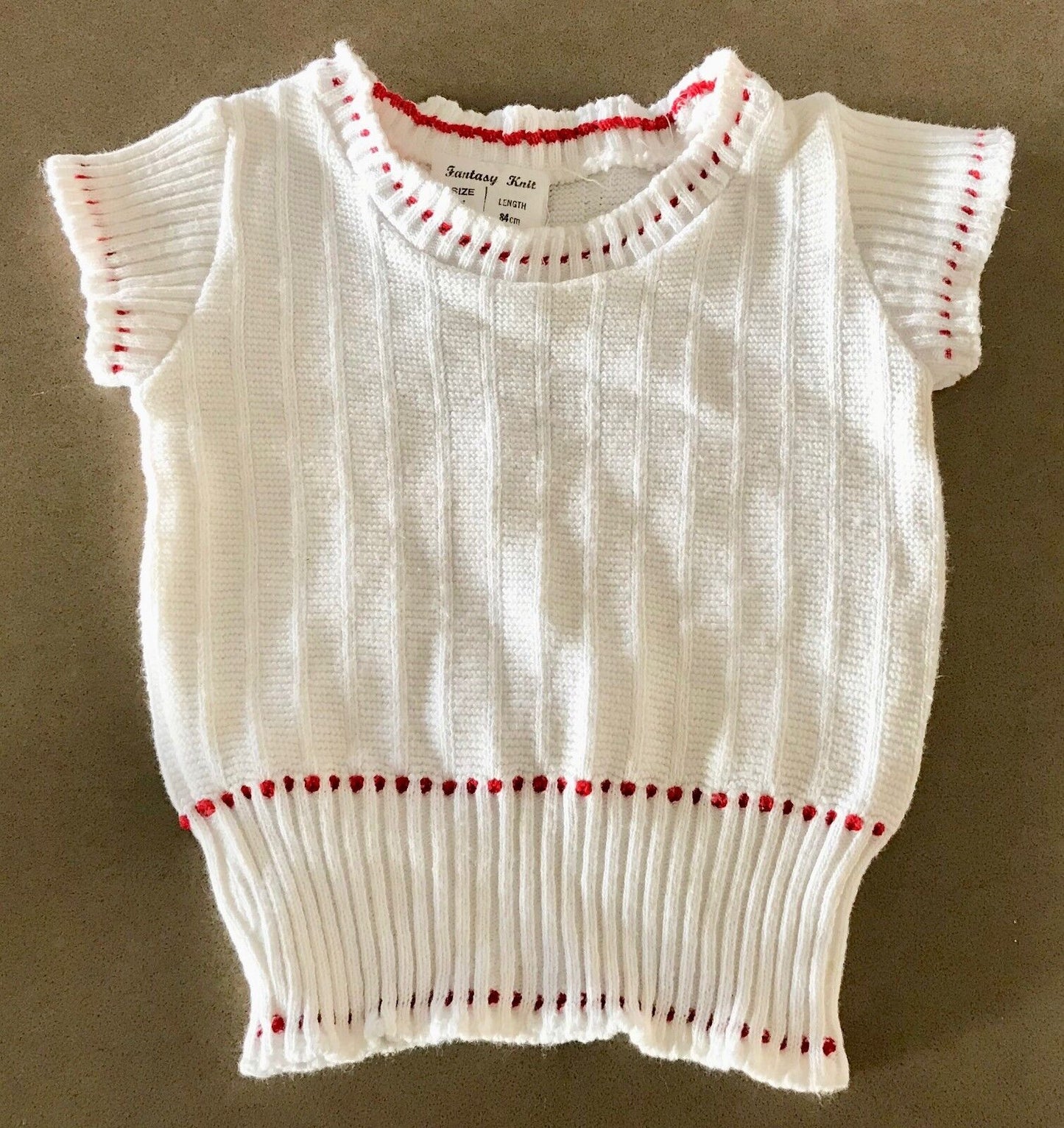 Vintage Baby 1970s FANTASY KNIT Top Vest White Red Trim Cotton Short Sleeve Sz 1